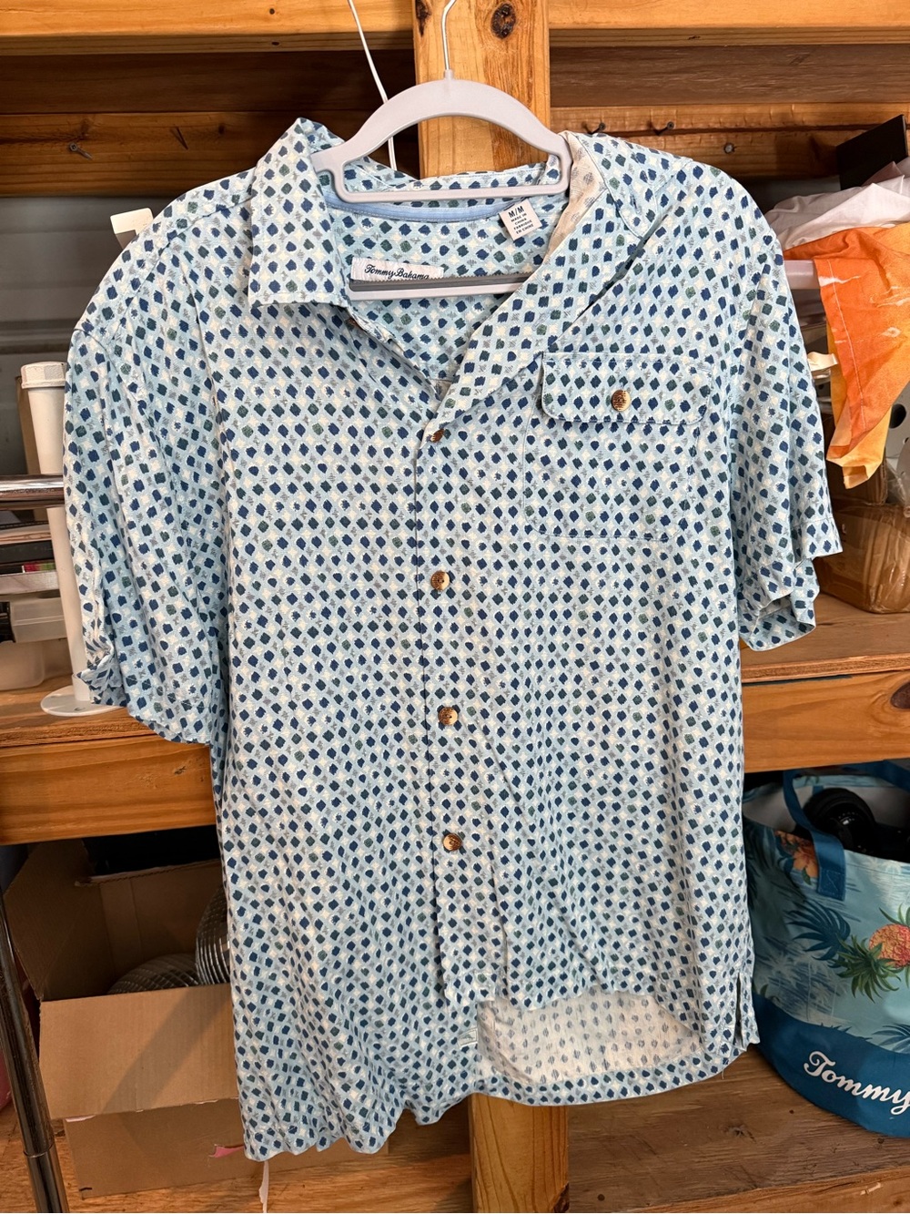 Tommy Bahama Light Blue and Navy Patterned Short-Sleeve Button-Down Shirt